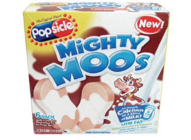 Mighty Moos : glace au chocolat allégée en matière grasse, en sucre, source de calcium et de fibres (USA)