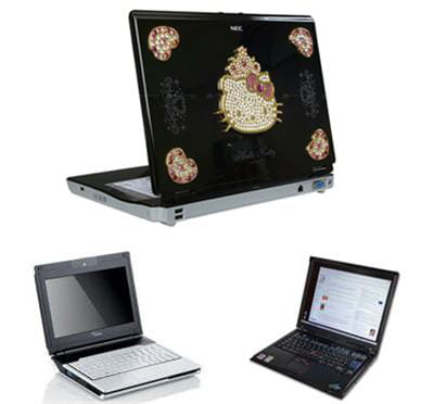 l'ordinateur portable hello kitty de nec, l'ibm thinkpad et le fujitsu amilo