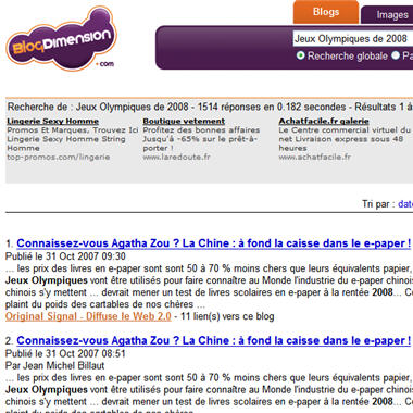 Page de résultats sur BlogDimension.com